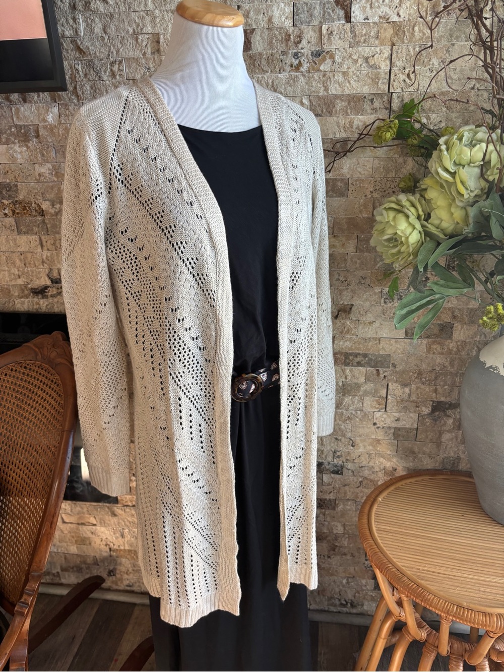 Light Cream Open-Knit Long Cardigan for Women